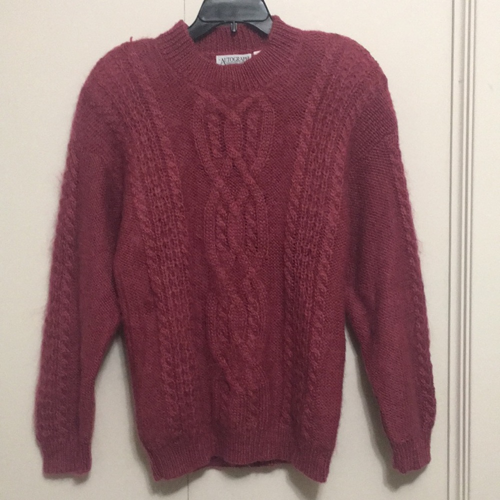AUTOGRAPH American Clothing Mohair Blend Cable Design Crew Neck Burgundy Sweater
